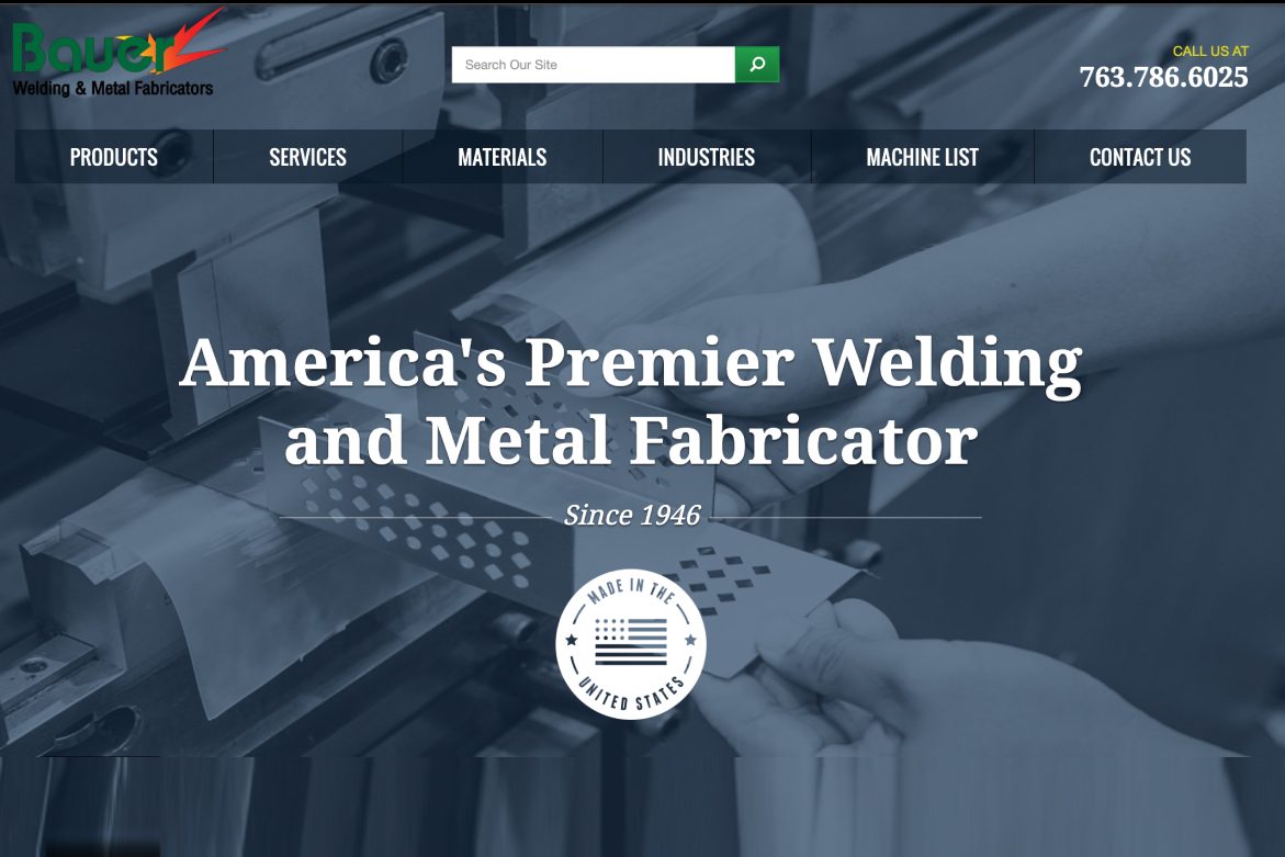 The former Bauer Welding & Metal Fabricators homepage. A dark photographic background behind the headline “America’s Premier Welding and Metal Fabricator, Since 1946.”
