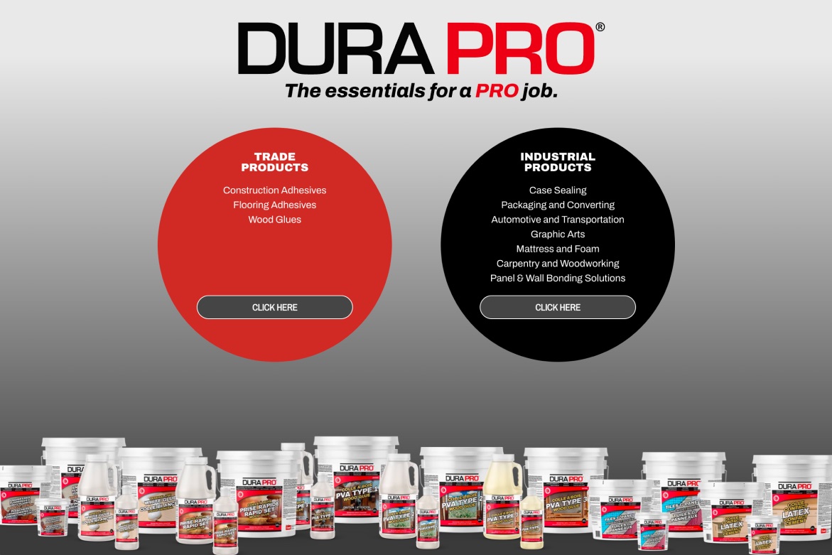 The former DuraPRO homepage. A logo and the tagline “The essentials for a PRO job” above two circles listing trade and industrial product categories, over a row of product containers.