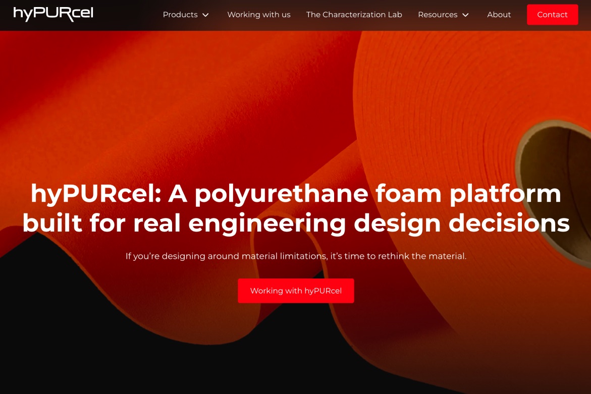 The hyPURcel site that replaced it. The headline reads “hyPURcel: A polyurethane foam platform built for real engineering design decisions,” over a photo of orange foam.
