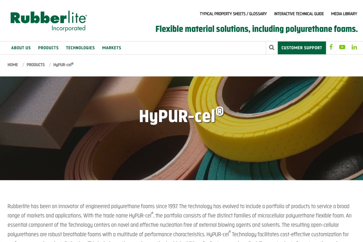 The former HyPUR-cel product page on the Rubberlite website. The product name sits over a photo of foam rolls, above several paragraphs of dense technical copy.